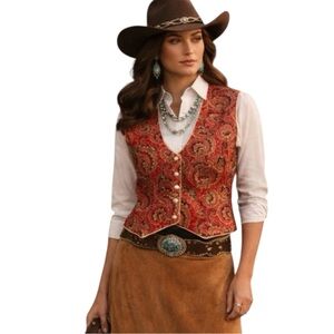 Hobby Horse Red Gold Brocade Vintage Western Show Med Vest Equestrian Statement